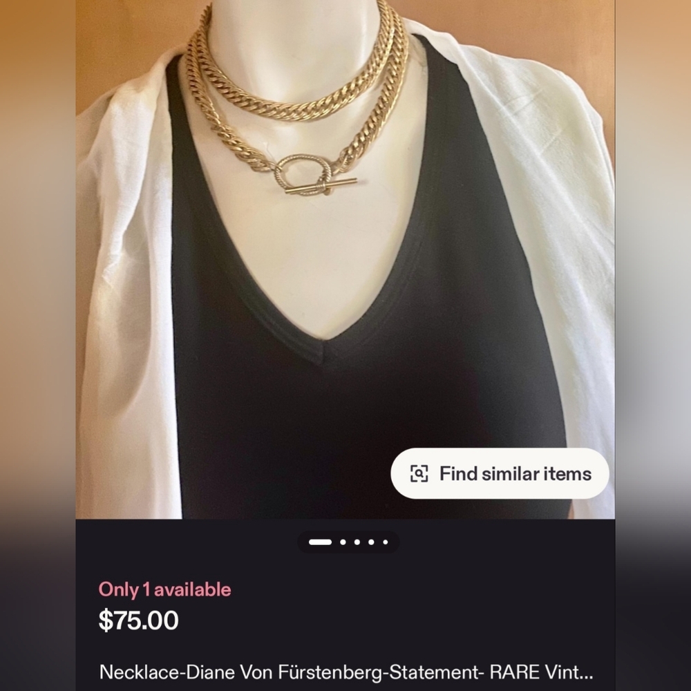 Diane Von Furstenberg (DVF) Necklace Gold Tone Snake Chain w/Crystal Pendant - Picture 5 of 6
